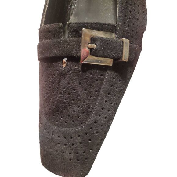 Stuart Weitzman Black Suede Perforated  Square Toe Kitten Heel Pumps Loafer With - Picture 3 of 5